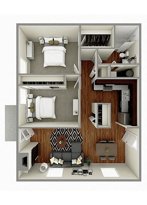 Floor plan for 2 beds, 1 bath, 880 sqft